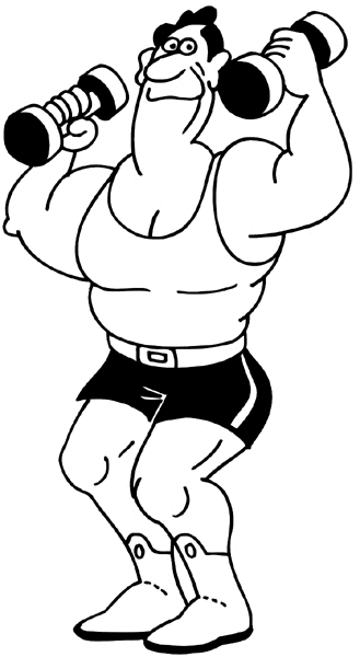 Muscular man lifting hand weights vinyl sticker. Customize on line. Sports 085-1417